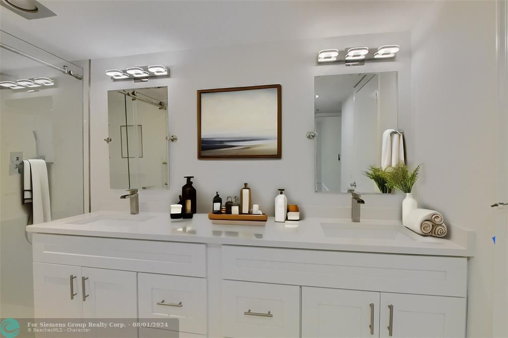 Master Bathroom with Dual Sinks, Large Walk In Shower w Seperate Toilet, Bathtub & Linen Closet Area! Virtually staged.